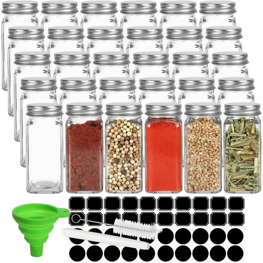 

Keketin 30 Pack Glass Spice Jars 4 oz with Labels Empty Square Spice bottles Seasoning Containers with Silver Caps and Shaker L