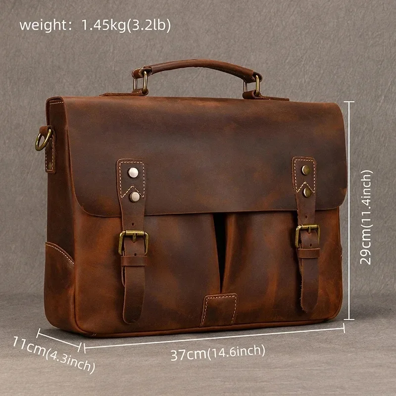 Highend Vintage A4 Brown Genuine Crazy Horse Leather Executive 17.3\'\'15.6\'\'Laptop Men Briefcase Messenger Bag Portfolio Handbag