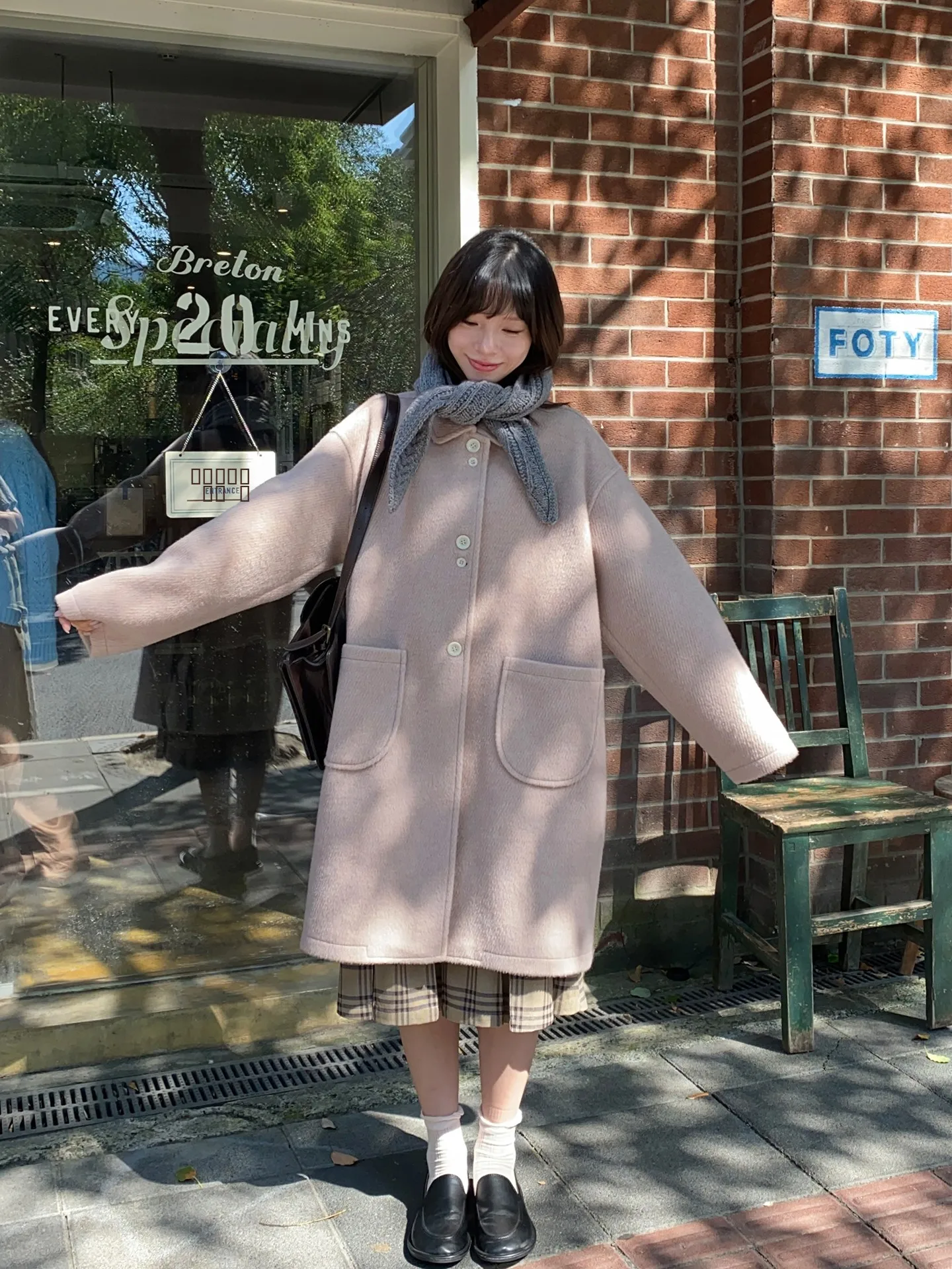 

Milk Rabbit Long Woolen Coat Women's Collar Thiened Diagonal Stripe Outerwear Straight Cut Polyester Blend Long Sve