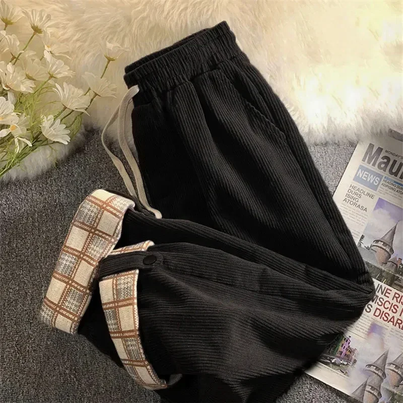 GIDYQ Fashion Corduroy Wide Leg Pant Women Korean Loose Patchwork Straight Trousers Casual High Waist Chic Plaid Drawstring Pant