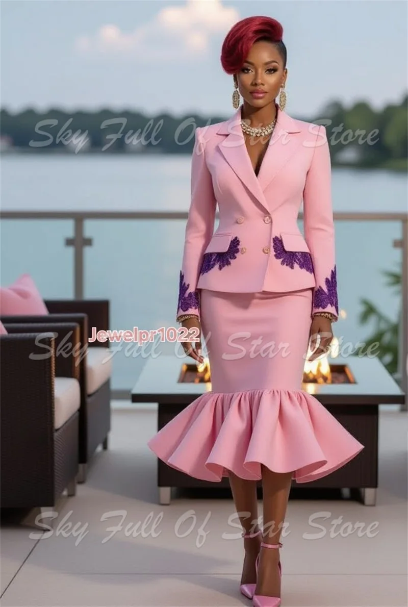 Pink Women Suit Set 2 Pcs Double Breasted Blazer Purple Lace Applique Mermaid Midi Skirt Custom Formal Evening Wedding Lady Coat