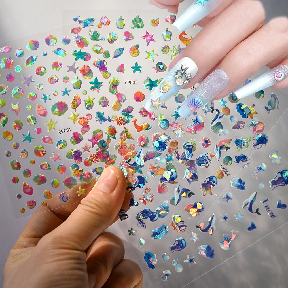 1/4 Uds. De pegatinas 3D para uñas de estrella de mar, concha de playa de verano, 10x8cm, concha colorida/medusa/balena, calcomanía para manicura con tema de animales en el océano
