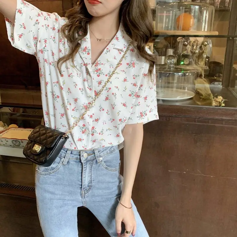 Summer Woman Clothes HongKong Retro Style Floral Printing Loose Fashion Thin Ins Chiffon Wild Youth Lively Bright Polo-neck Easy