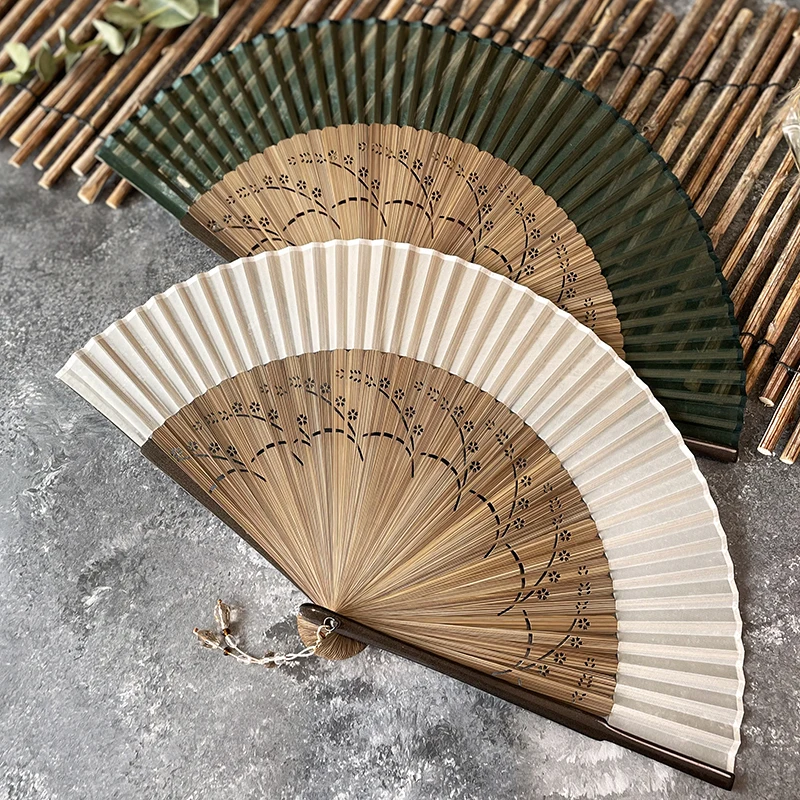 

Solid color female fan 6.3-inch folding fan Hanfu ancient style bamboo handle summer portable simple fan wheat ear dark green wh