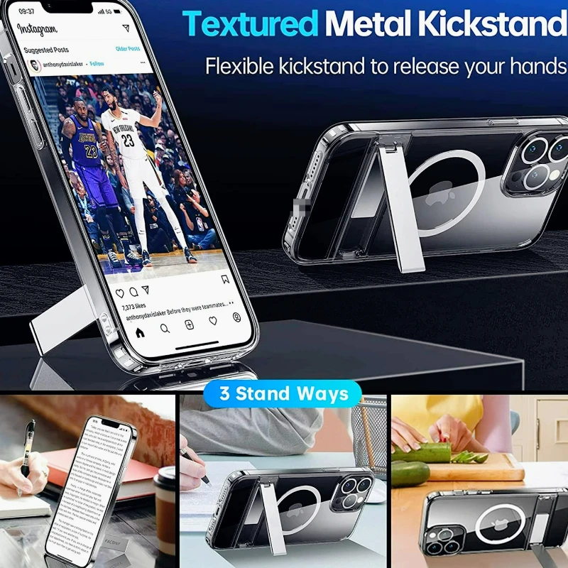حافظة هاتف مغناطيسية شفافة مع مسند لهاتف آيفون 17 برو ماكس اير 16 15 14 13 12 غطاء صغير خفيف الوزن