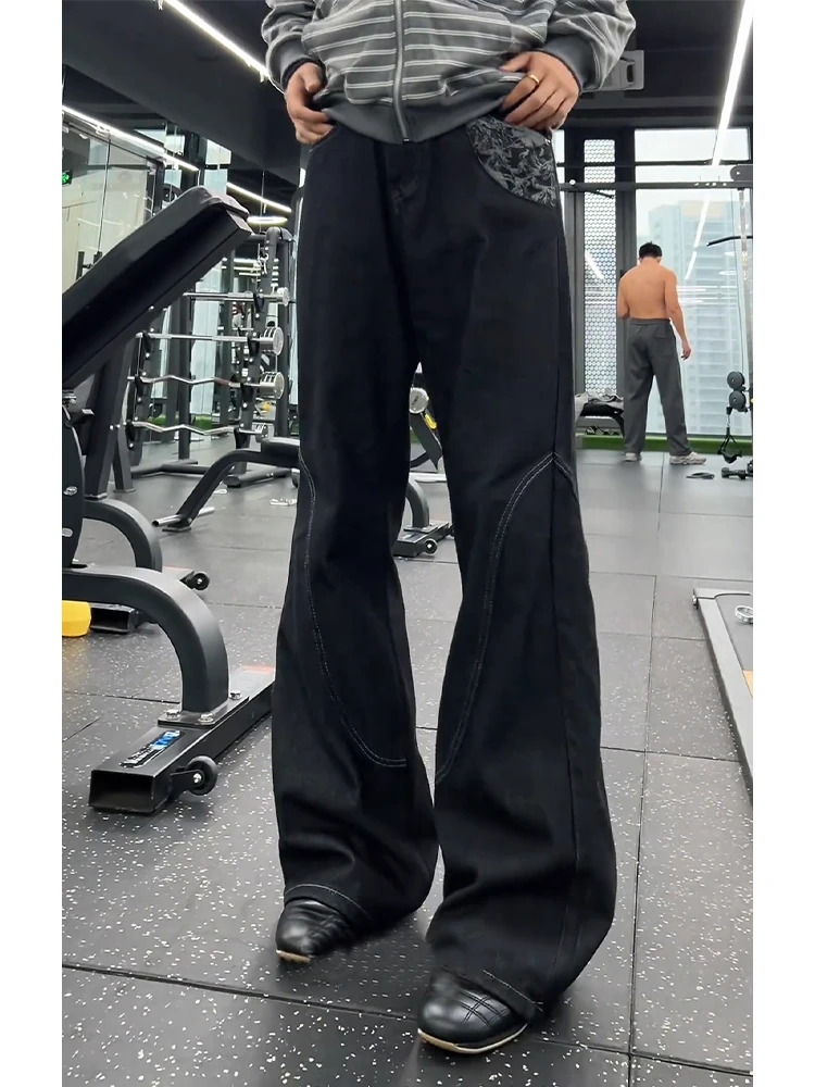 

American High Street Snake Print Patchwork Denim Jeans Men Women Vintage Slim Fit Wide Leg Pants Casual Straight Leg Trousers