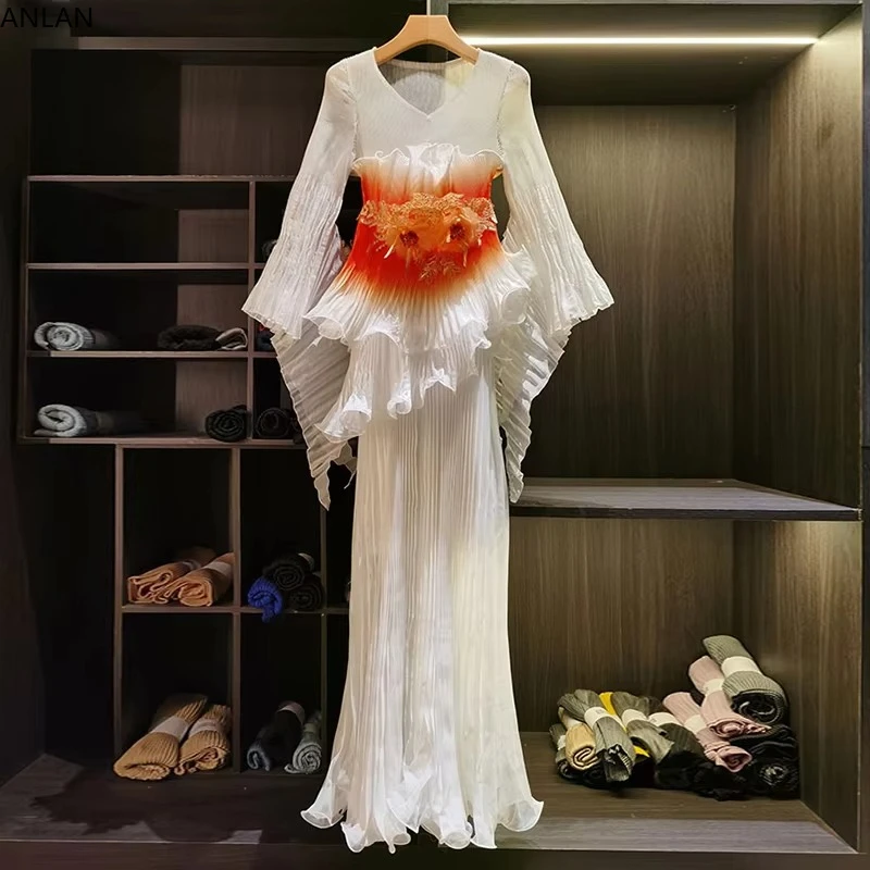 ANLAN High-end White Orange Ombre Print Women's Fake Two Pieces Pleated Maxi Dress Flare Sleeve Ruffle Waist Party Dresses 5A612