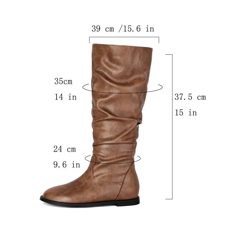 SIMLOVEYO Brown Female Tall Pull On Footwear Rounded Toe Box Flat Easy Upon Pleats Big Sizes 45 46 47 48 Vintage Comfort Boots