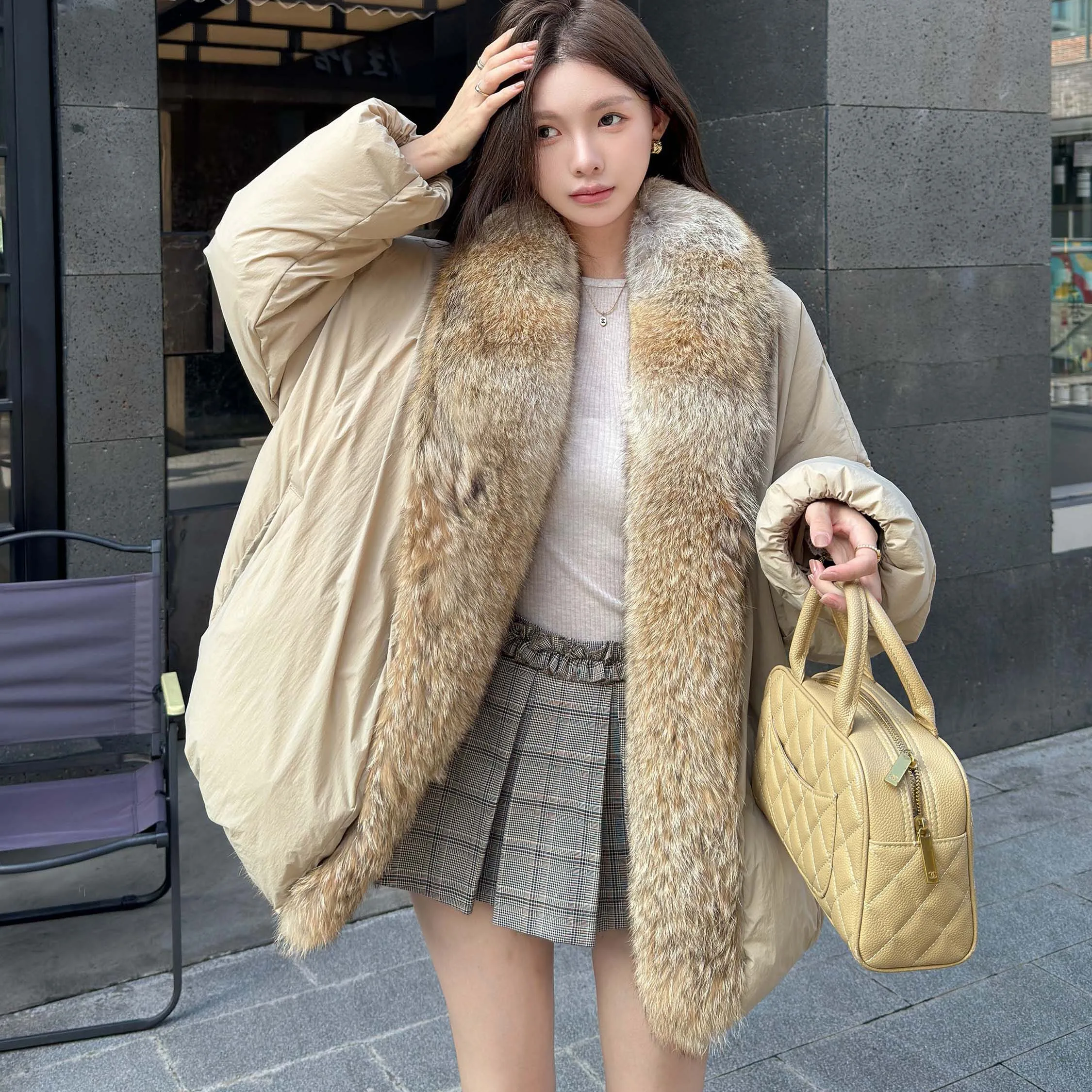 Prendas de vestir para mujer, chaquetas de plumas de ganso cálidas de invierno, cuello de piel de zorro Real Natural, chaquetas acolchadas para mujer, abrigos sueltos gruesos