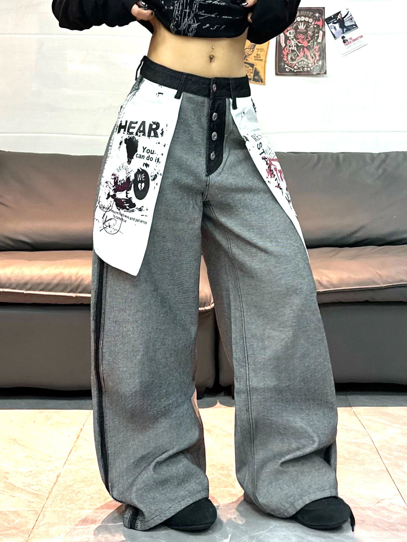 1 Pc American Retro Reverse Wear Large Pocket Loose Jeans For Women, Fashionable Street Trend Printed Wide Leg Trousers