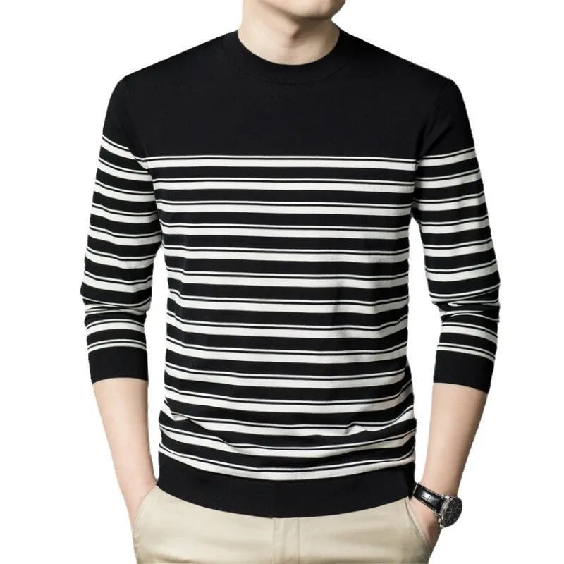 الخريف الشتاء الرجال محبوك سترة مخطط فضفاض الجولة الرقبة قاعدة طويلة الأكمام قميص ملابس للرجال منتصف العمر رقيقة سترة