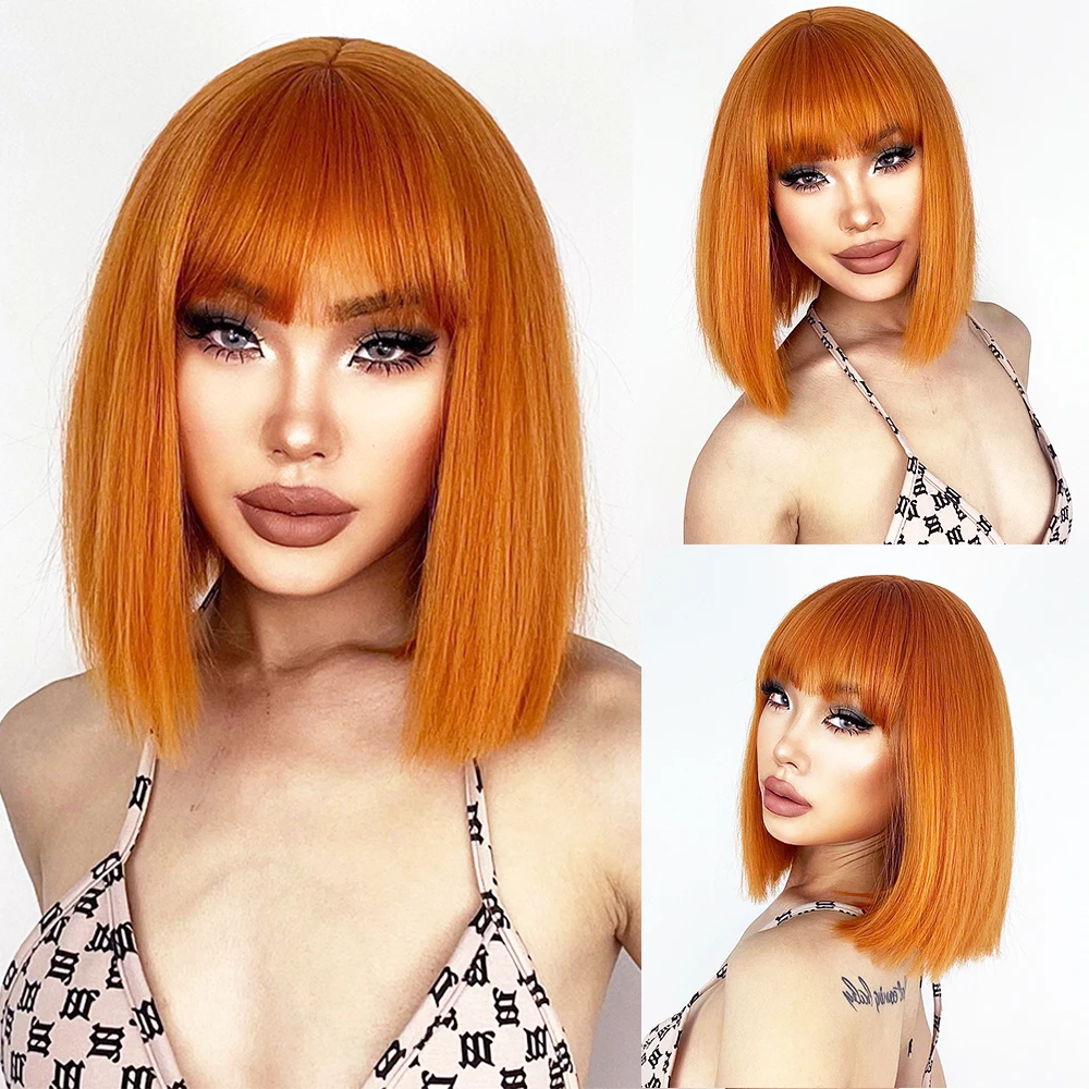 Synthetic Short Straight Orange Wig With Bangs Synthetic Fiber Wig African American White Female Cosplay/Party/Daily Wig