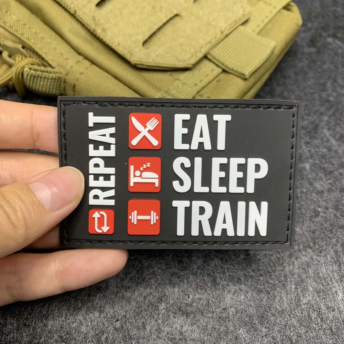 Eat Sleep Train Repeat PVC Rubber Morale Patch, Hook And Loop Fasteners Badge for Gym Backpack Tactical Vest