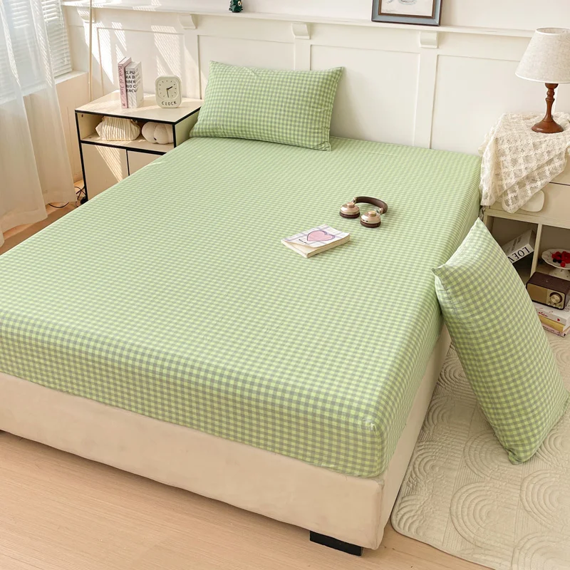 

2025 New All-cotton-washed Cotton Mattress Plaid Mattress Cover Skin Friendly 360-degree Breathable Bed with Elastic Cover