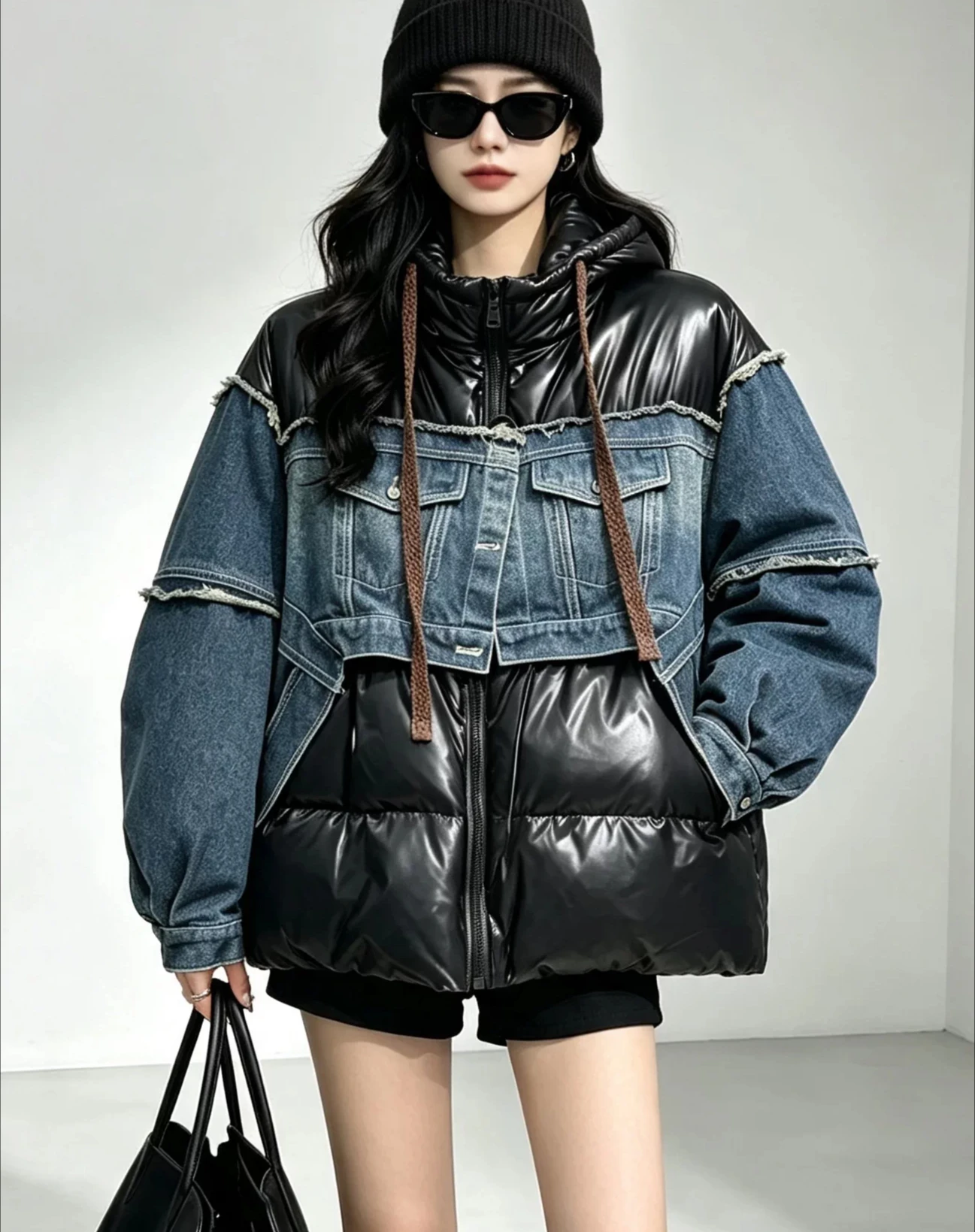 Winter New Women's Down Jacket Loose Hooded Denim Patchwork Jacket