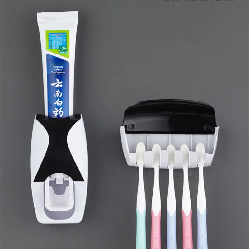 2PCS Automatic Toothpaste Dispenser Dust-proof Toothbrush Holder Wall Mount Bathroom Accessories Set Squeezer