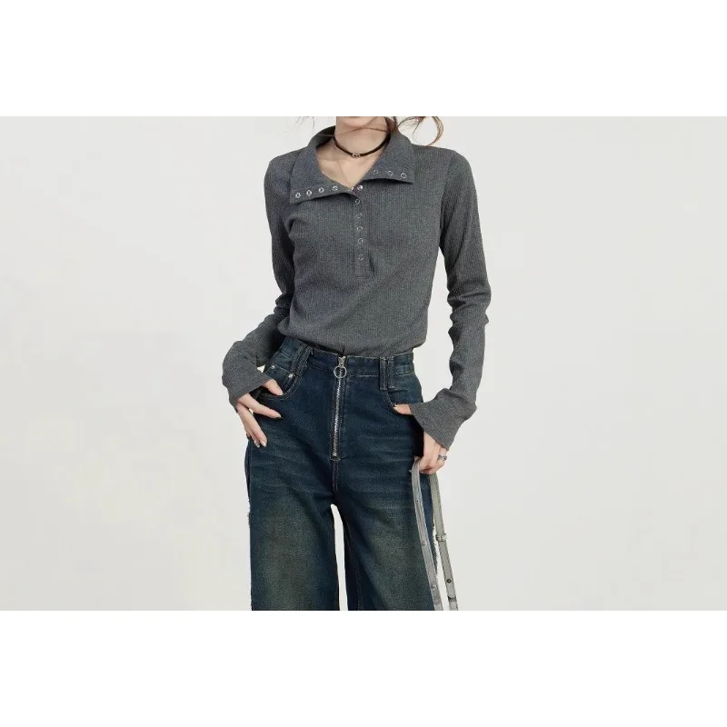 

POLO Collar Bottoming Shirt Female Spring and Autumn Short Slim with Short Slim Long Sleeve T-shirt with Overalls Top