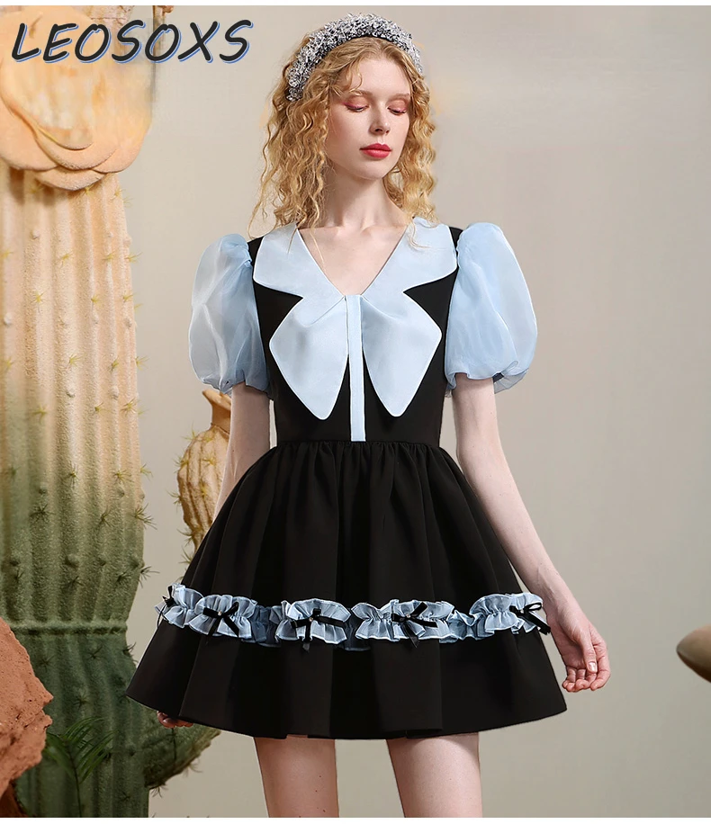 

Kawaii Contrasting-Color Ball Gown Women Dress Girlish Style Summer 2024 Special Design Organza Stitching Puff Sleeve Pettiskirt