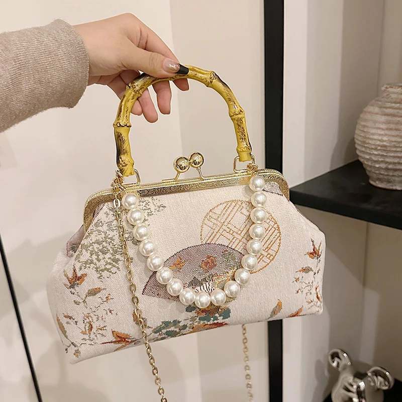 

Luxury Women Embroidered Handbags Elegant Metal Handle Shoulder Purse with Detachable Chain Strap Crossbody Bags Gift Her wallet