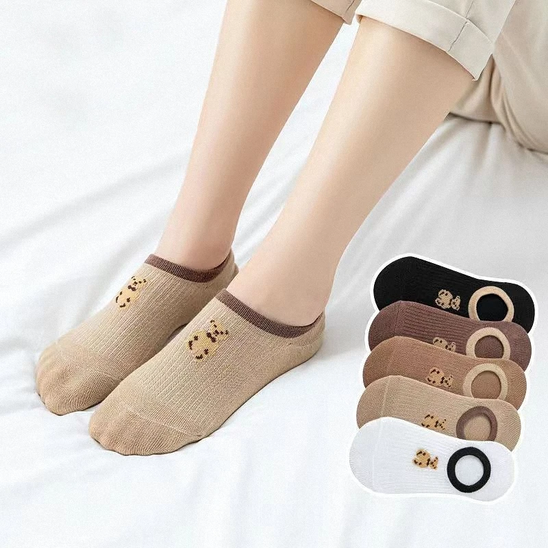 5/10 Pairs Low Cut Shallow Bear Invisible Socks Non-slip Socks Cartoon Women's Casual Socks Cotton Breathable Invisible Socks