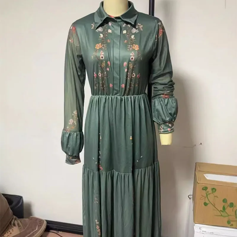 เดรสยาวพิมพ์ลายดอกไม้สไตล์เรโทรสำหรับผู้หญิง แขนยาว จับจีบ คอเสื้อเชิ้ต ติดกระดุม เหมาะสำหรับงานปาร์ตี้ ฤดูใบไม้ผลิ ฤดูร้อน หรือฤดูใบไม้ร่วง