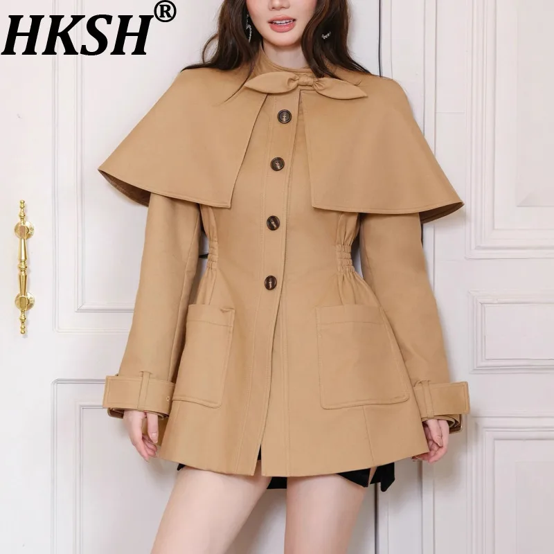 

HKSH 2026, весенне-осенняя новая женская куртка с завязкой на талии, однобортные карманы, элегантный модный высококачественный плащ-накидка HK17749