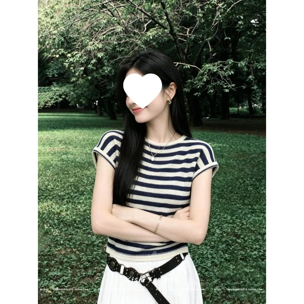 Retro Korean Striped Knitted round Neck T-Shirt Women's Summer New Style Slimming Top Color Block Casual Fashion Cotton Blend
