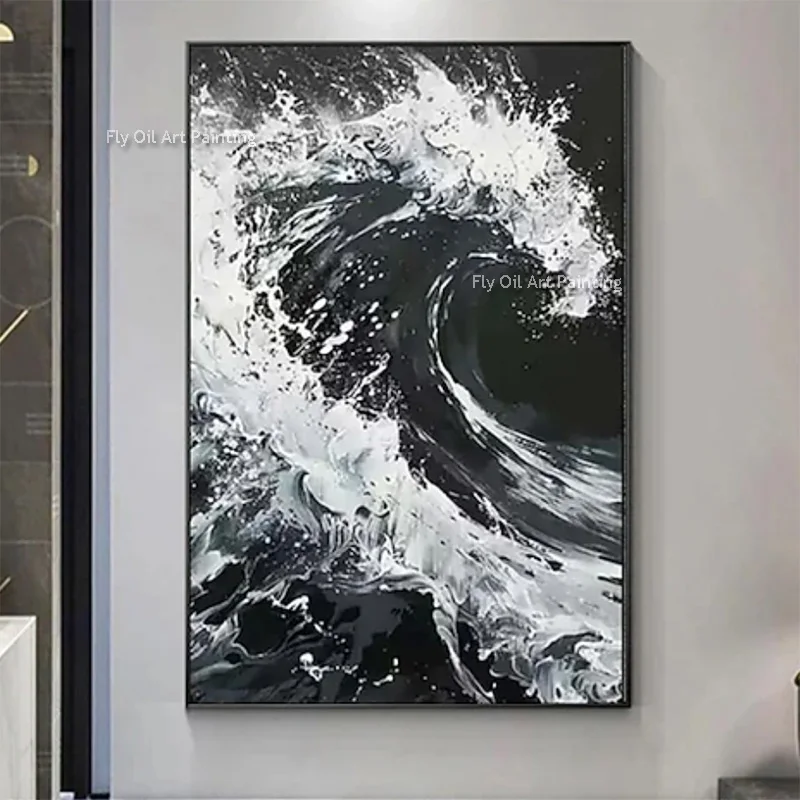 Black White Ocean Wave Large Canvas Artwork Handpainted Navy Blue Orange Abstract Fahsional Oil Painting For Room Wall Decor