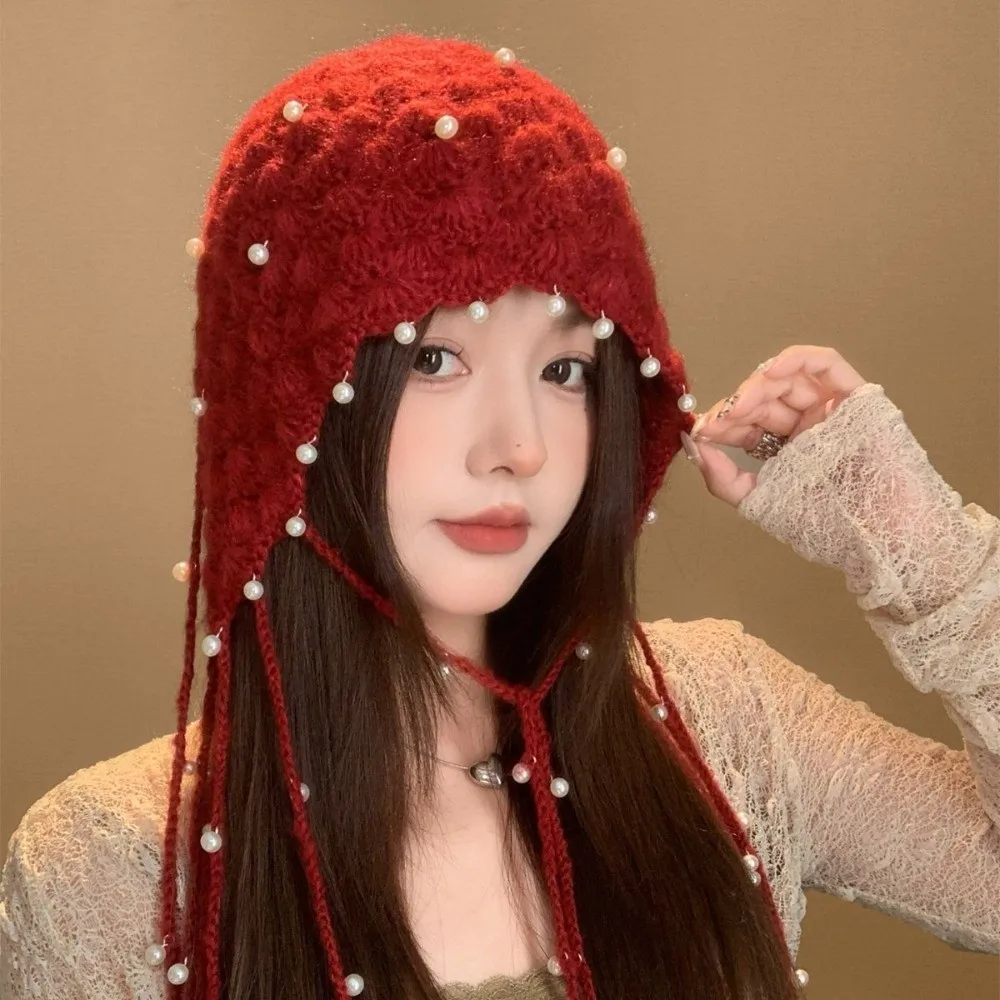 Retro Hollow Out Knitted Pullover Hat Pearl Tassel Winter Warm Fringed Beanie Cap Stretchable Pendant Headband Hat for Women