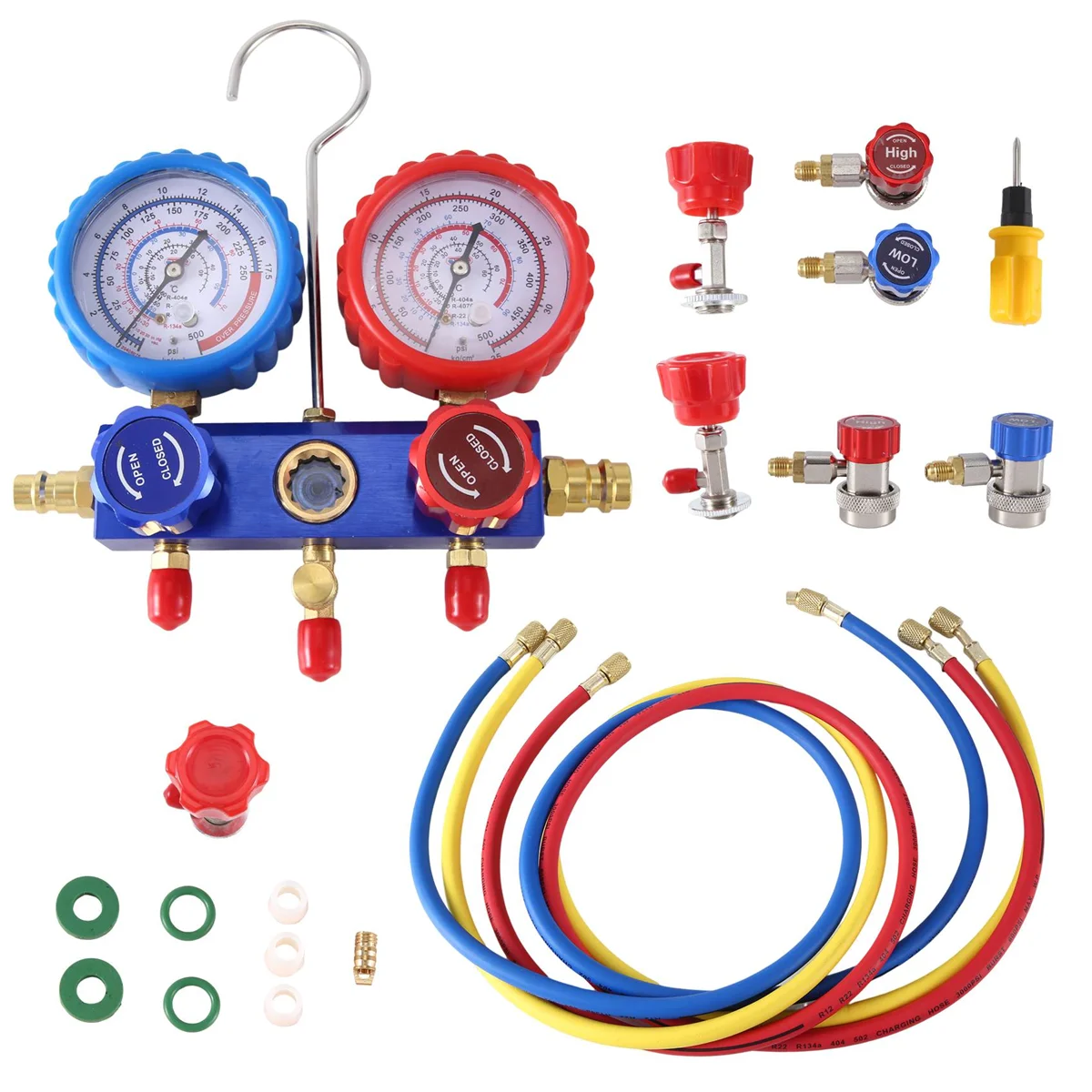 AC Manifold Gauge Set-AC Diagnostic Manifold Gauge Set with 5FT Hoses Adapter, 1/4Inch Hose Connectors, 3-Way AC Gauges