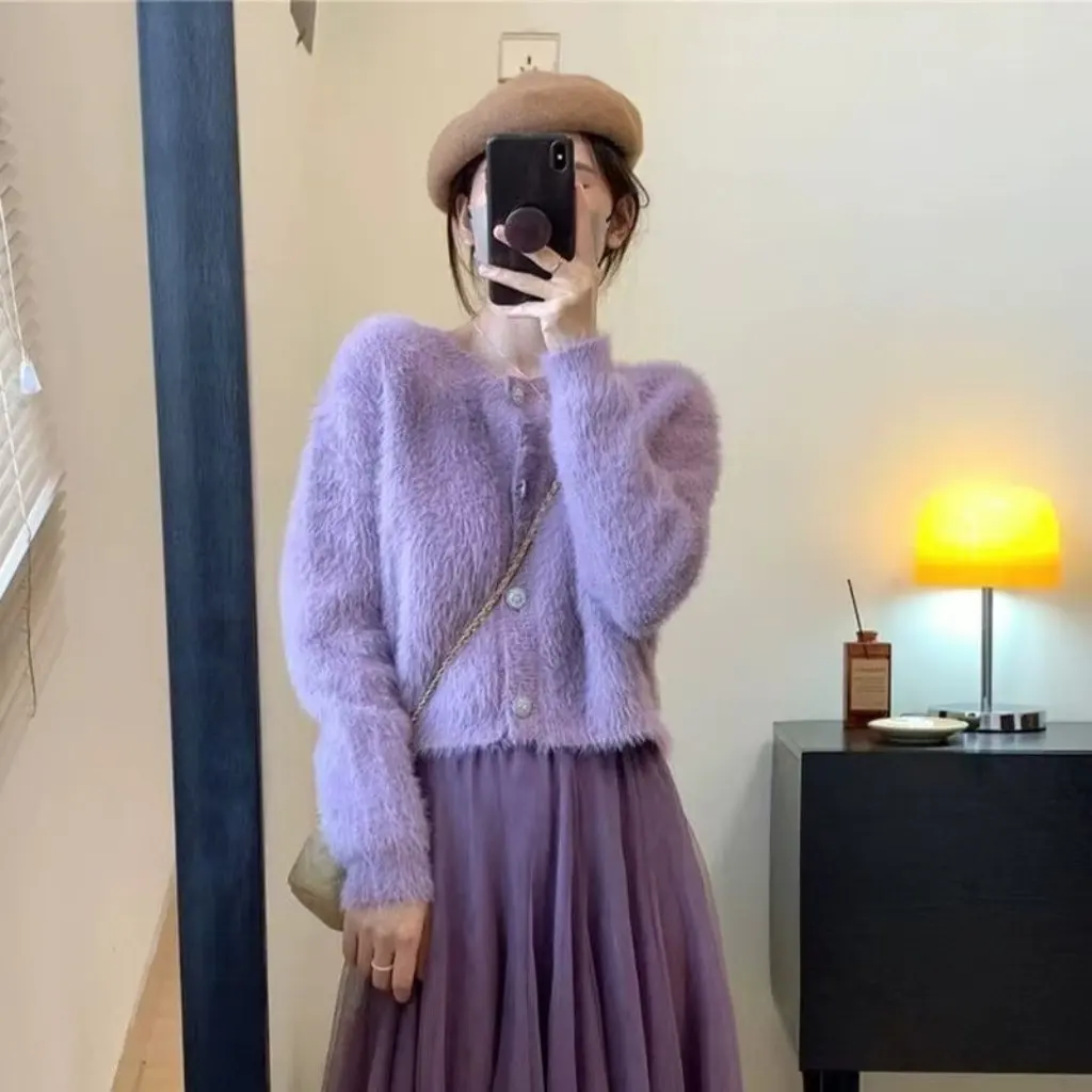 

Women's Loose Knitted Soft Faux Mink Sweater Autumn Winter New Style Casual Lazy Cardigan Outerwear Top Comfortable Coat