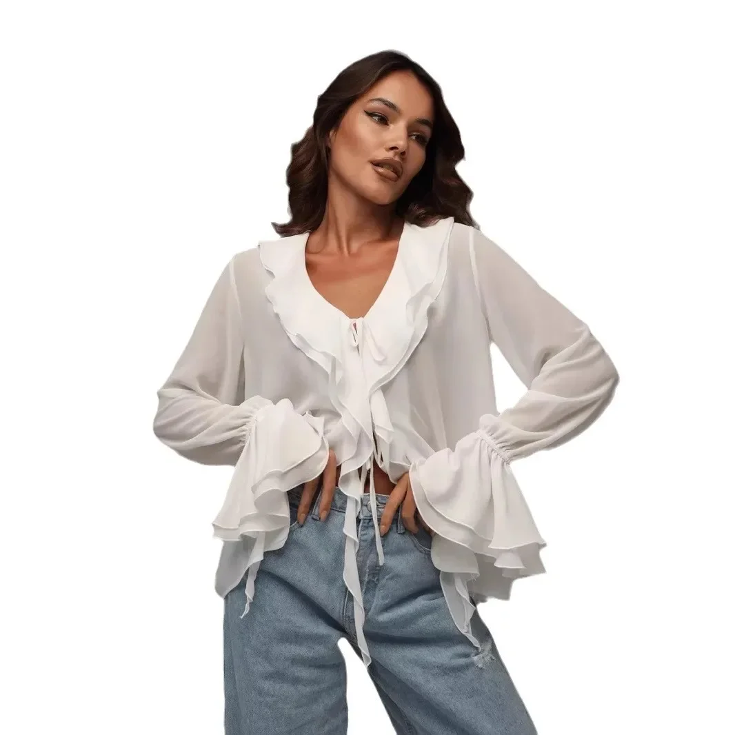 Spring New Fashion Ruffle Long-sleeved V-neck Lace-up Versatile Shirt Women's European American Style Cross-border Women