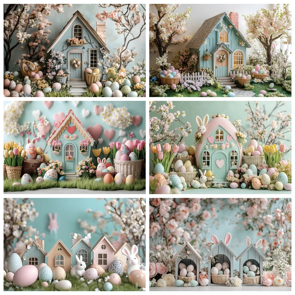 Easter Day Cartoon Cabin Background Spring Easter Rabbit Colorful Eggs Baby Shower Kids Birthday Party Photography Backdrops