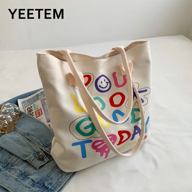 

Cartoon Canvas Bag Women's Large Capacity Handbag New Rainbow Letter Handbag Shoulder Smile Tote Bags