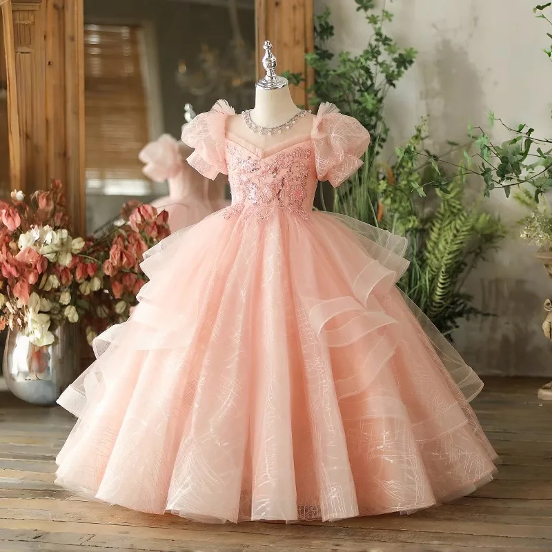 Pink Girls' Dress Luxurious Niche High-End Birthday Princess Puffy Dress Children's Host Piano Performance Dress