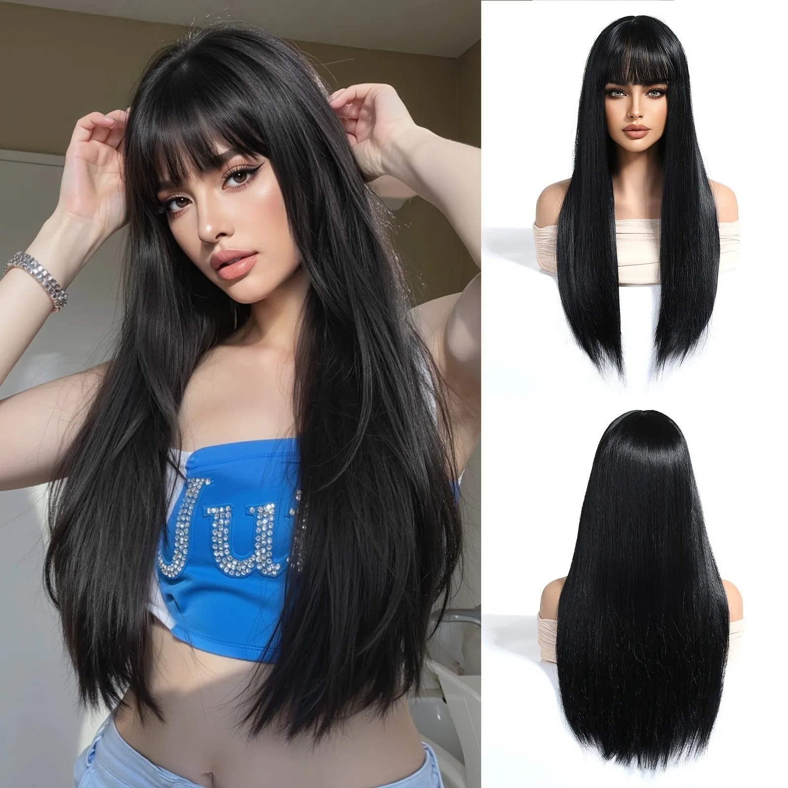 

Black 26-inch synthetic wig with long straight hair for Halloween cosplay, daily use, high-temperature hair accessory