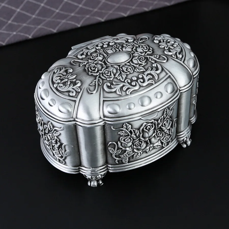 Vintage Metal Small Trinket Organizer Ring Box Case with Rose Pattern Jewelry Storage Box for Ring Keepsake Box for Girls