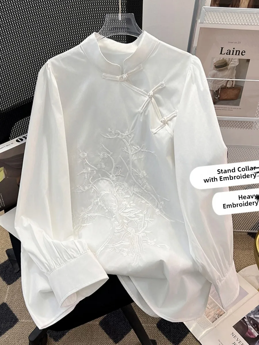 

Ele Embroidered Chinese Sle irt Women's Spring Autumn New Faion Side Buttoned Tailed Skirt Top Cotton Long Sl...