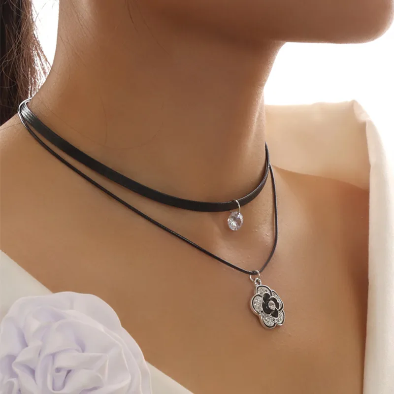 Kymyad Black Pu Leather Double Layer Chain Choker Necklace Women Crystal Flower Pendant Chunky Collar Women's Accessories