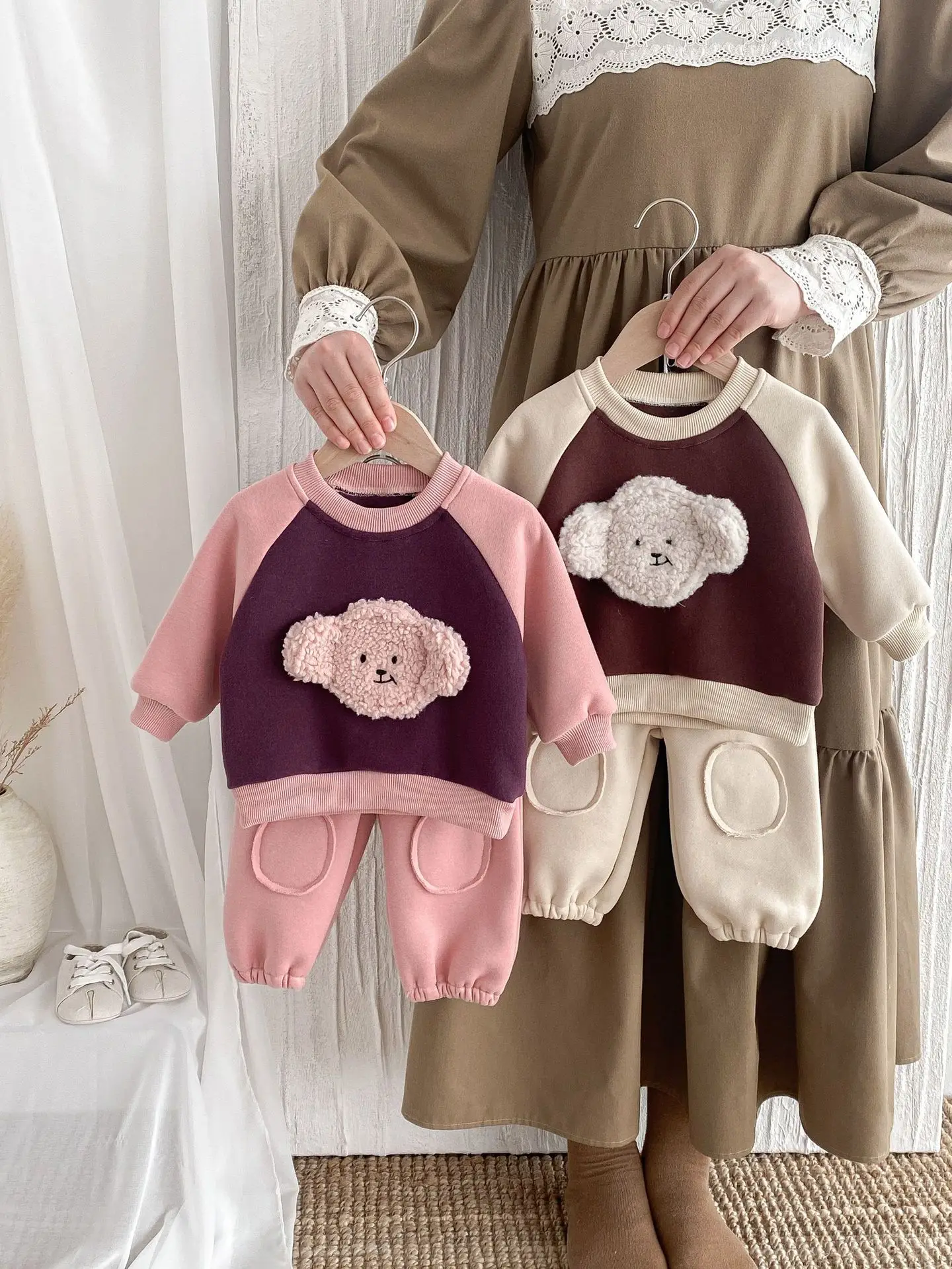 2025 Winter New Baby Fleece Warm Clothes Set Infant Girls Bear Sweatshirt + Pants 2pcs Suit Plus Velvet Thick Boys Warm Outfits