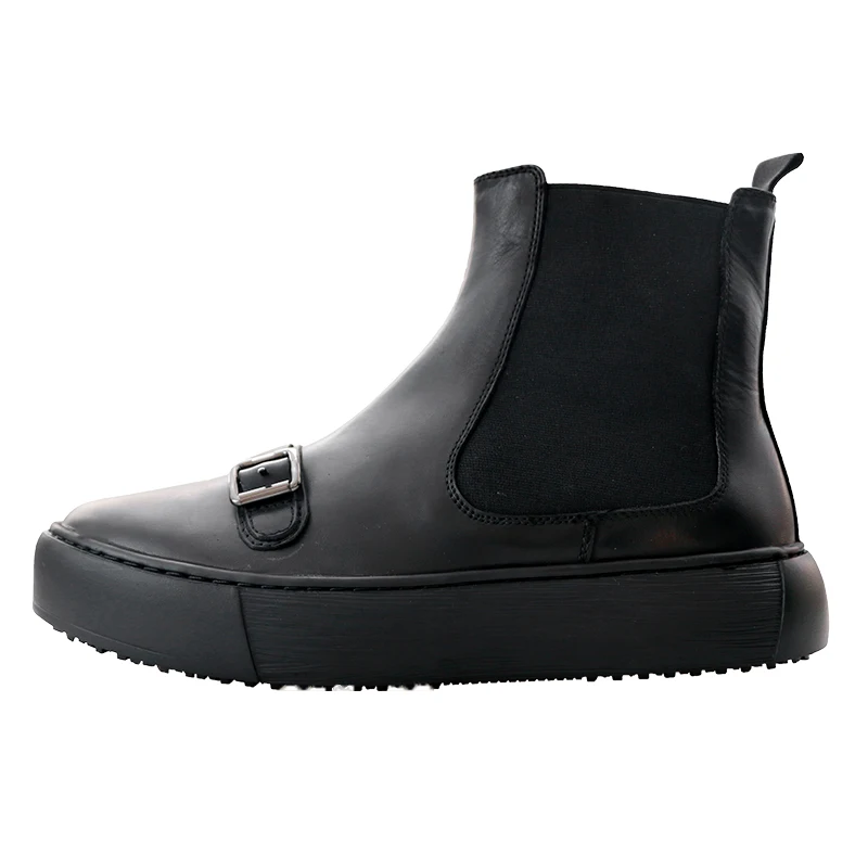 Black Leather Slip‑On Chelsea Boots for Men Metal Buckle Ornament Chunky Platform Sole Punk Streetwear Daily Casual Footwear