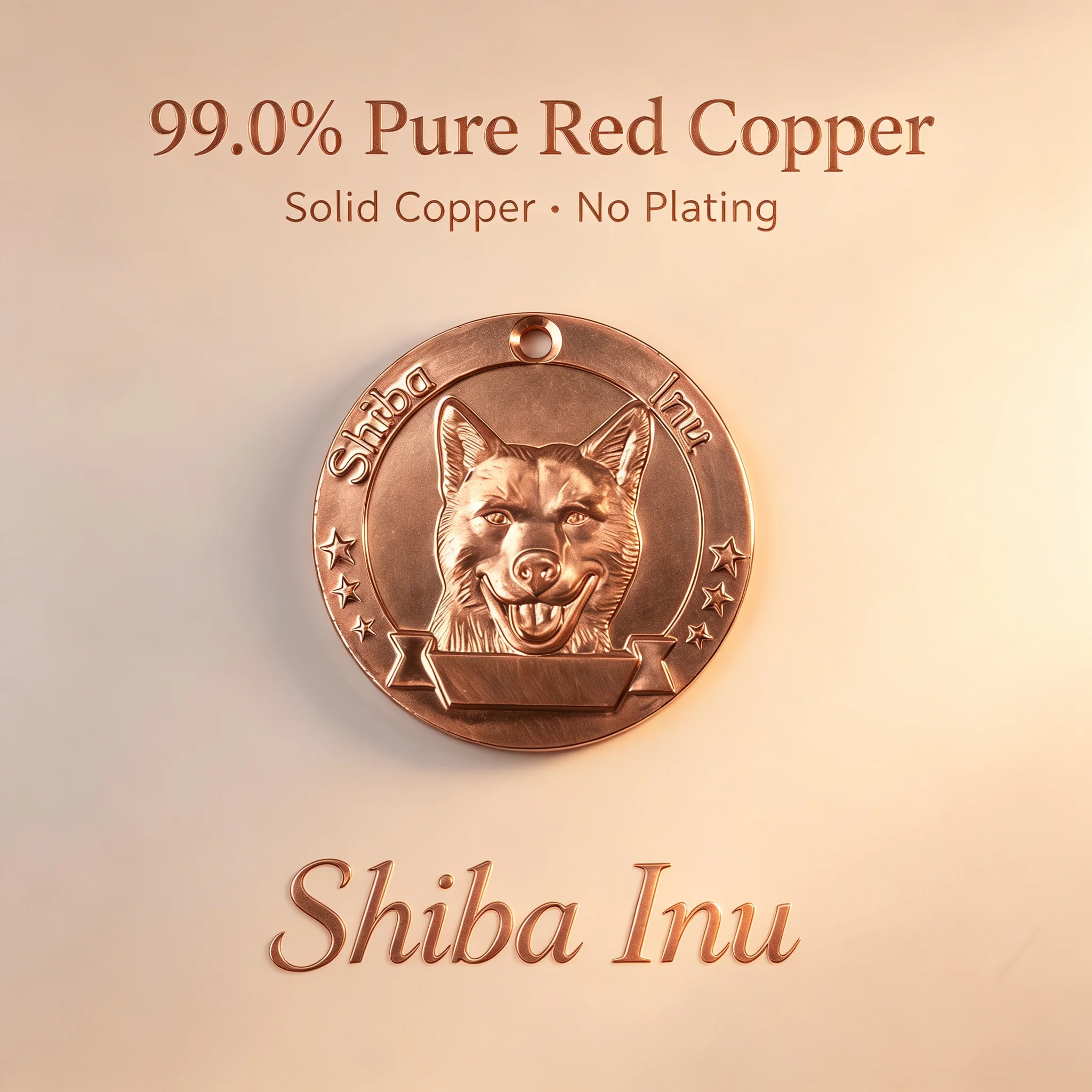 33mm Pure Red Copper Dog Tag, 3D Embossed Shiba Inu Pattern Round Pet ID Tag, Custom Engraved Dog Collar Name Tag for Medium Dog