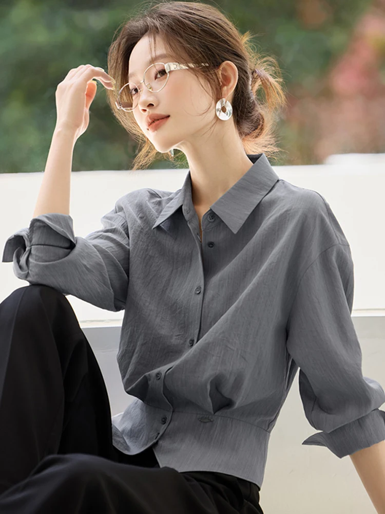 

Ele Slim Fit Long Sve irt Women's Spring 2026 Autumn Winter New Sle mat Sle Top Buttoned Waist-Cinching