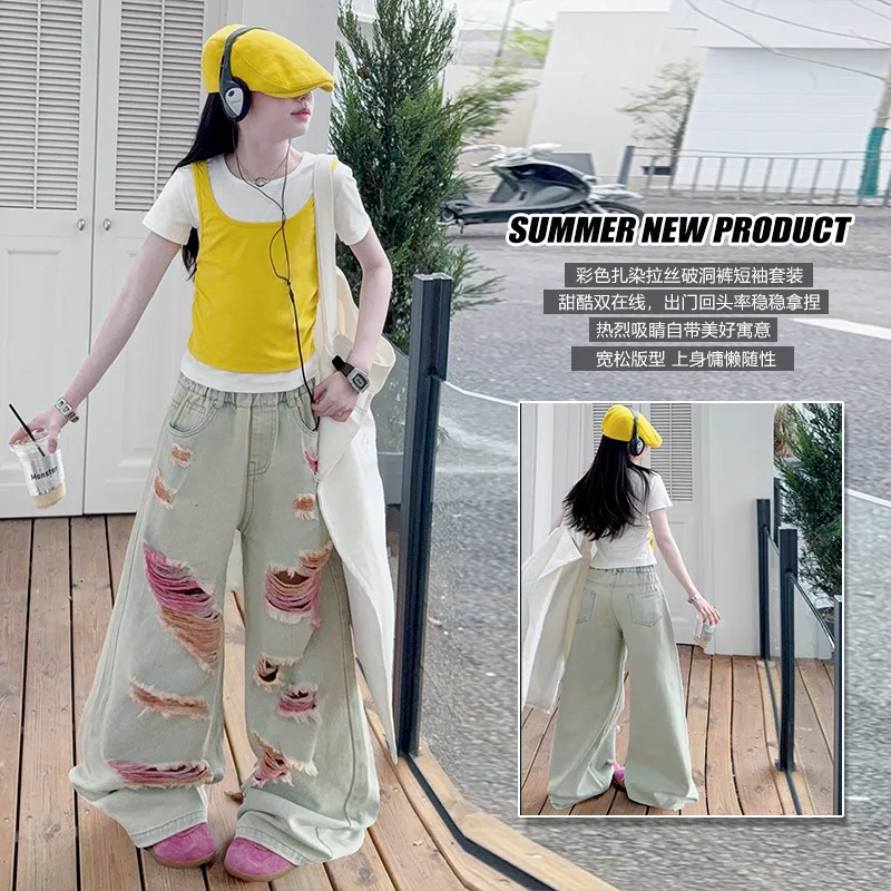 Girls' Summer Straight Leg Ripped Jeans Children's Drapey Wide Leg Denim Pants Kids Fashion Casual Hip Hop Trousers with Hole