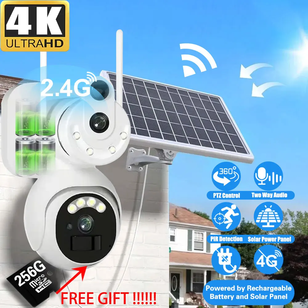 

Поддержка карты 256 ГБ, 8 МП, 4K, Wi-Fi, солнечная камера, наружное беспроводное видеонаблюдение, солнечная панель, двойной объектив, PTZ, IP-защита безопасности