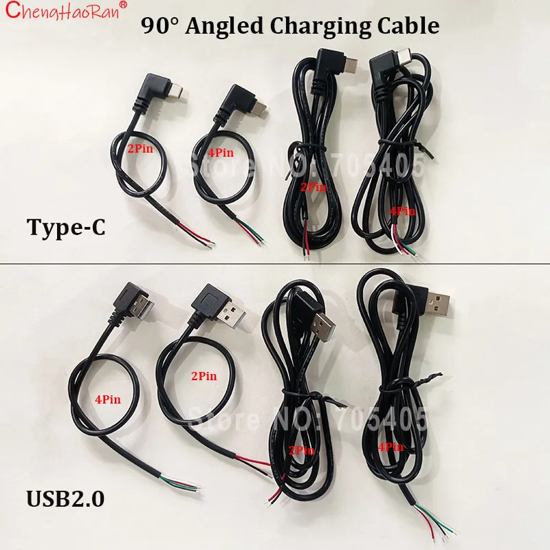 ChengHaoRan 1PC Right Angled 90 Degree Male Bend USB 2.0 Type-C 2Pin 4Pin DIY Power Data Charging Cable L Type