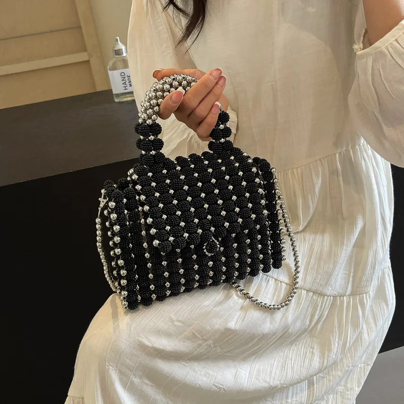 Unique Handmade Bead Wedding Party Handbag Black Purse Totes Women Evening Tote Bags Designer Hollow Out Clutch Purse 2024 New