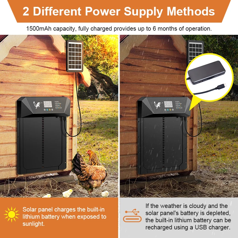 Large size solar powered automatic chicken coop door, LCD display with timer and remote control, four modes, anti pinch metal