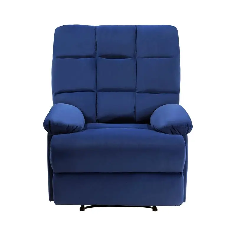 Modern Blue Velvet Reclining Chair, Square Tufted Back, Pillowtop Arms, Solid Wood, Stylish Living Room Recliner Furniture, 1