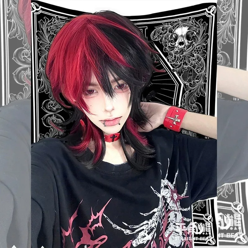 Punk Black‑Red Mullet Wolf Cut Full Wig Layered Shape Heat‑Resistant Synthetic Wig for Trendy Daily Looks Cosplay